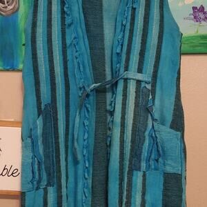 Sleeveless blue long cover up with tie & pockets stripes middle eastern one size